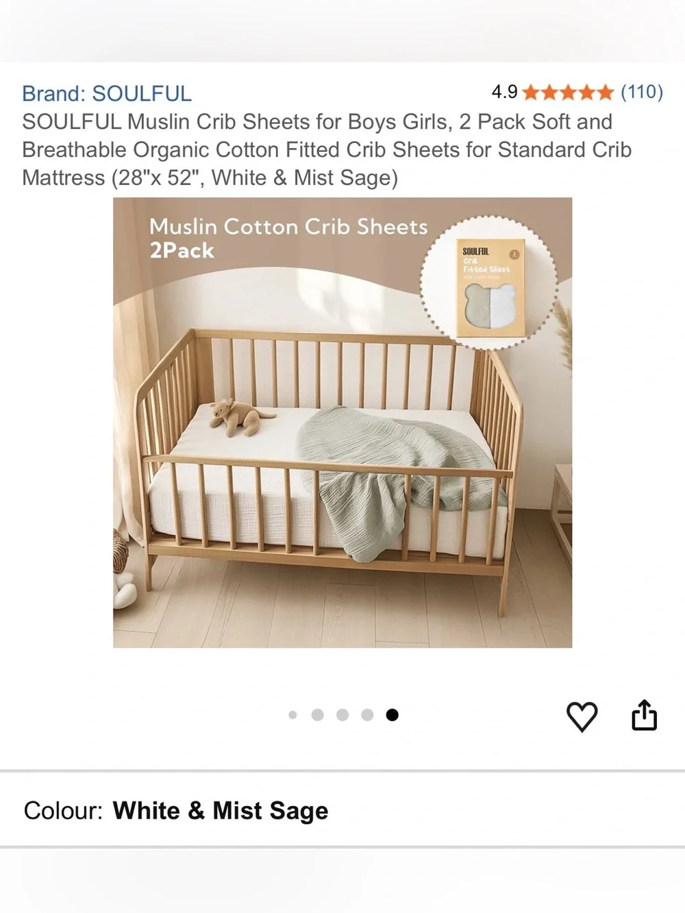 White & sage Muslin Crib Sheets - 2 Pack